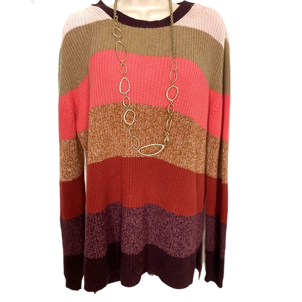Goodthreads Women's Cotton Shaker Stitch Crew Neck Striped Oversiz Sweater Sz: L